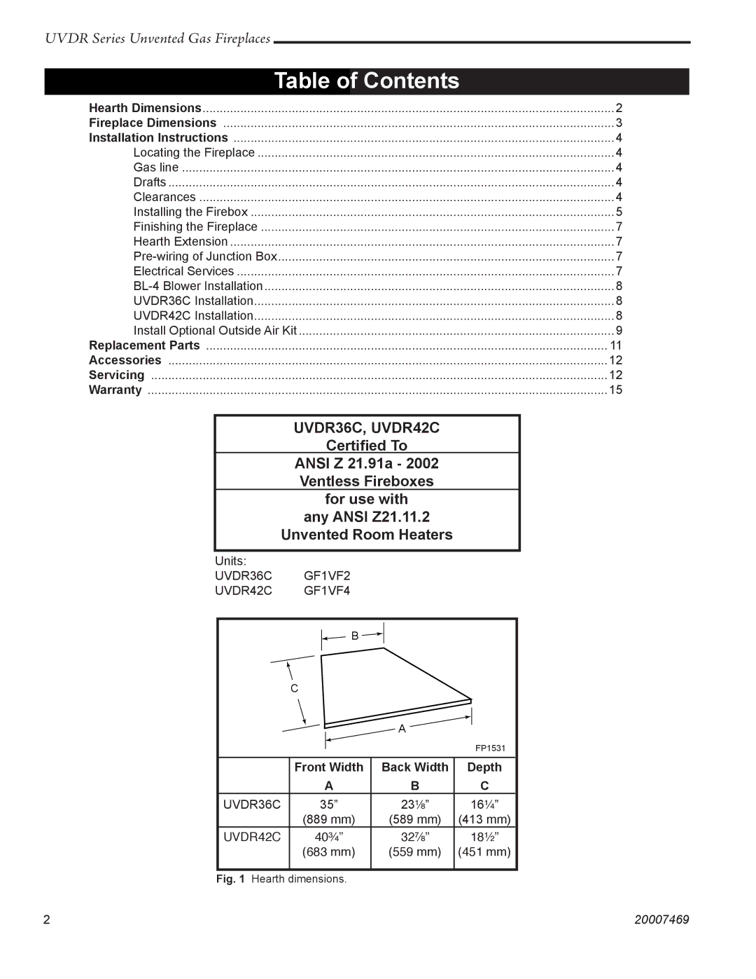 CFM Corporation UVDR42C, UVDR36C installation instructions Table of Contents 