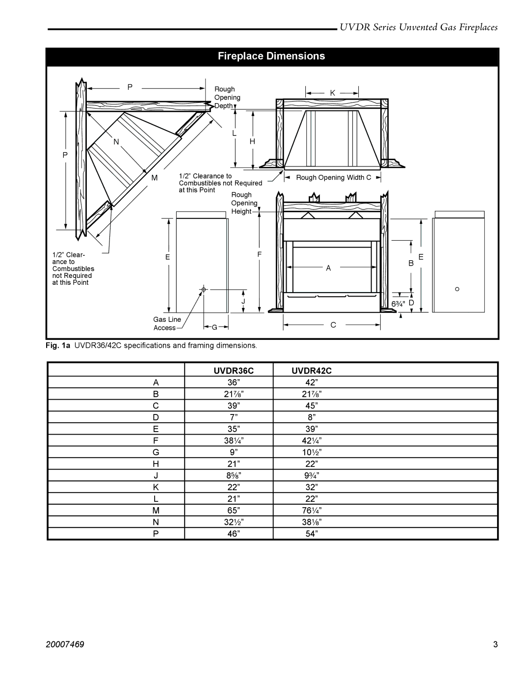 CFM Corporation UVDR36C, UVDR42C Fireplace Dimensions, UVDR36/42C speciﬁcations and framing dimensions 