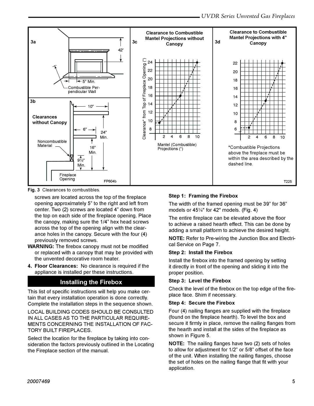 CFM Corporation UVDR36C, UVDR42C Installing the Firebox, Framing the Firebox, Install the Firebox, Level the Firebox 