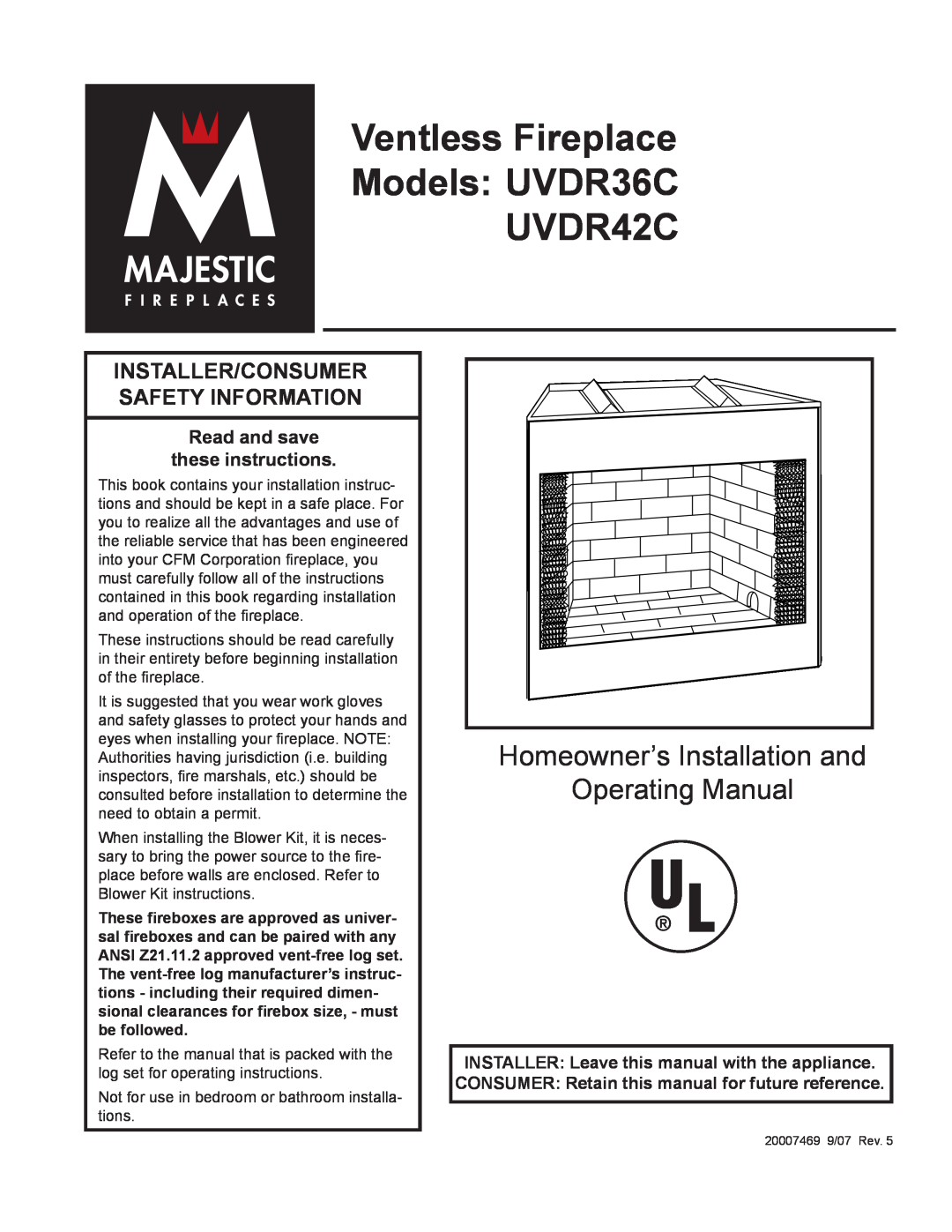 CFM Corporation installation instructions Ventless Fireplace Models UVDR36C UVDR42C, Read and save these instructions 