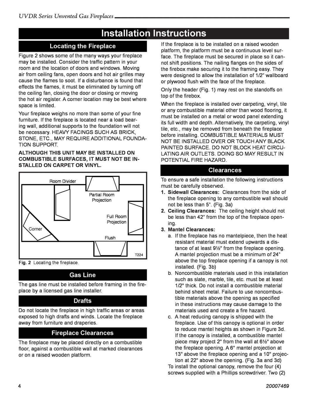 CFM Corporation UVDR42C, UVDR36C Installation Instructions, Locating the Fireplace, Gas Line, Drafts, Fireplace Clearances 