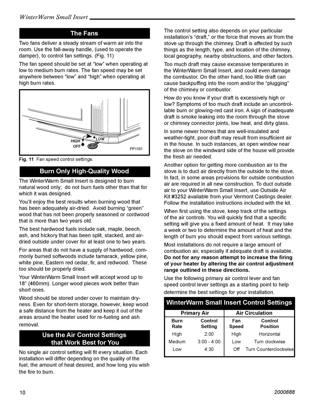 CFM Corporation Winter Warm - Small Insert Fans, Burn Only High-Quality Wood, WinterWarm Small Insert Control Settings 