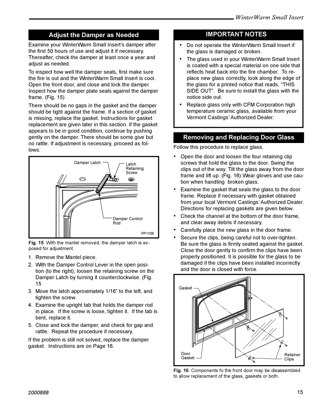 CFM Corporation Winter Warm - Small Insert Adjust the Damper as Needed, Removing and Replacing Door Glass 