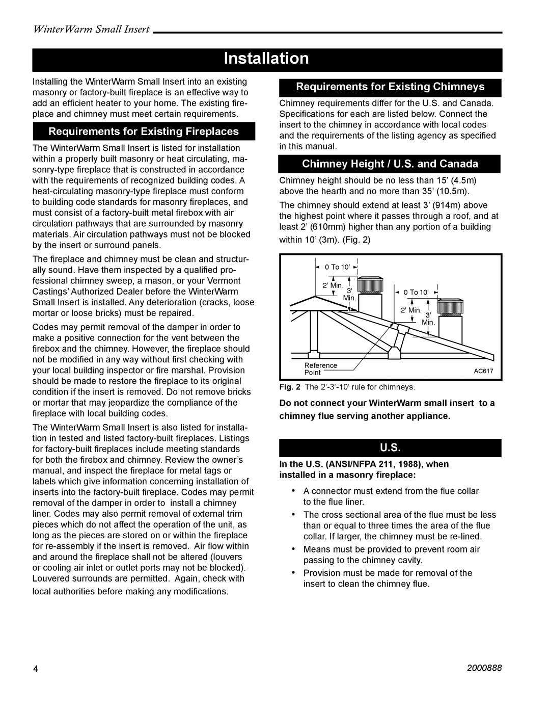 CFM Corporation Winter Warm - Small Insert installation instructions Installation, Requirements for Existing Fireplaces 