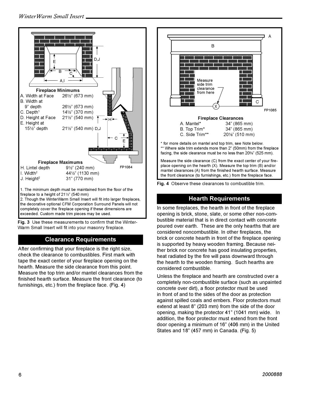 CFM Corporation Winter Warm - Small Insert installation instructions Clearance Requirements, Hearth Requirements 