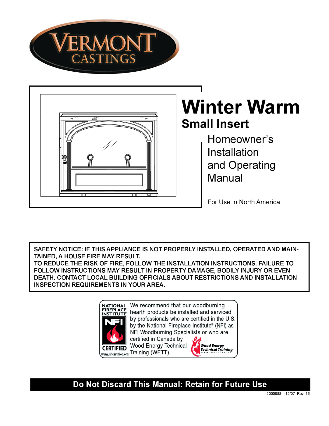 CFM Corporation Winter Warm - Small Insert installation instructions Homeowner’s, Installation, and Operating, Manual 