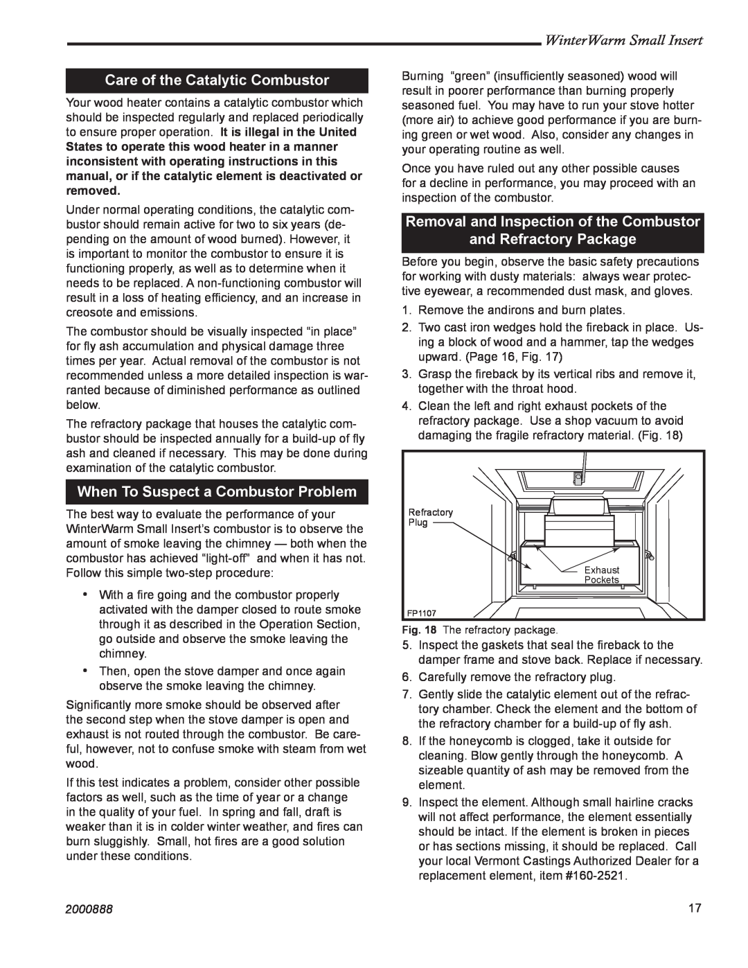 CFM Corporation Winter Warm - Small Insert Care of the Catalytic Combustor, When To Suspect a Combustor Problem, 2000888 