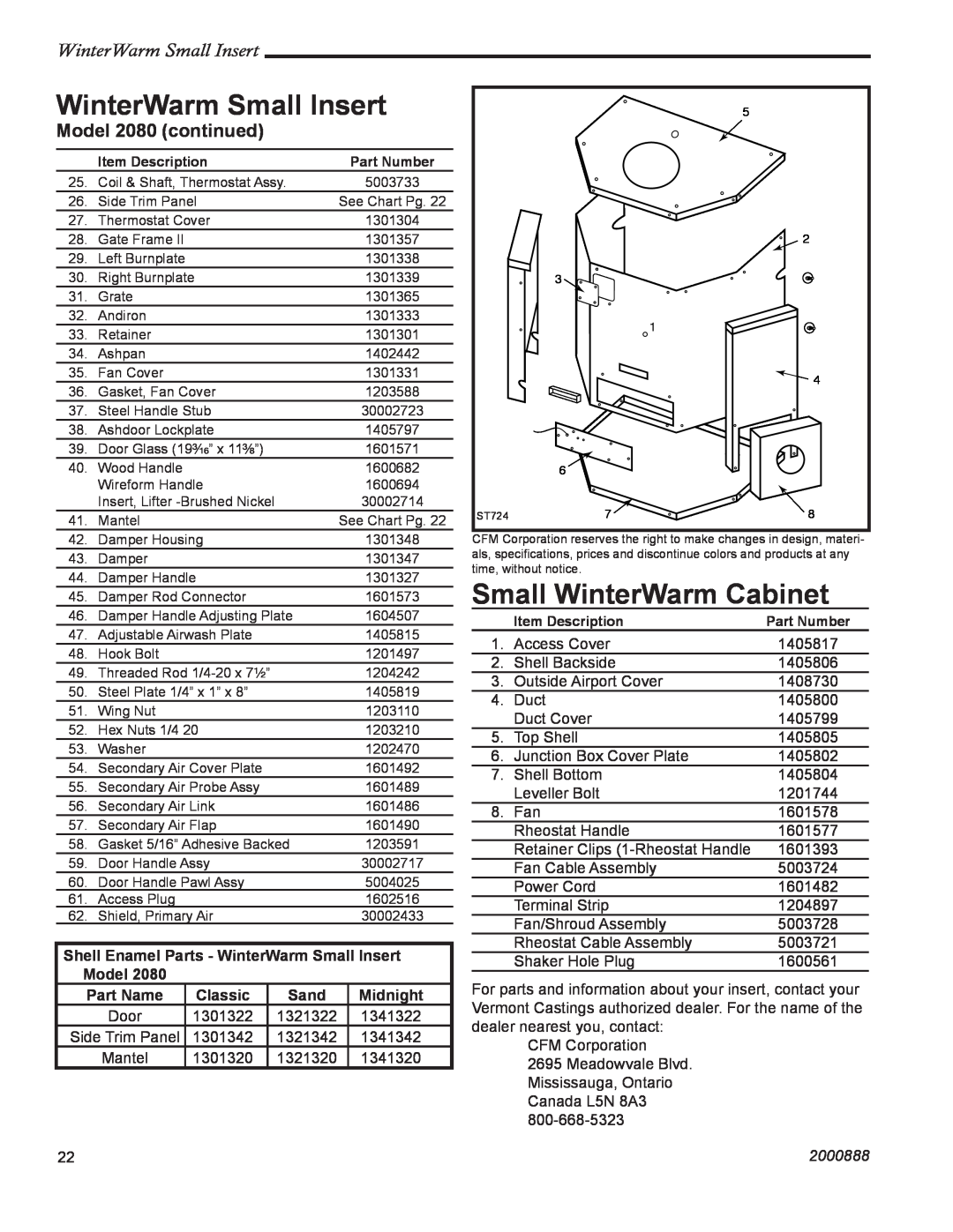 CFM Corporation Winter Warm - Small Insert Model 2080 continued, WinterWarm Small Insert, Small WinterWarm Cabinet 