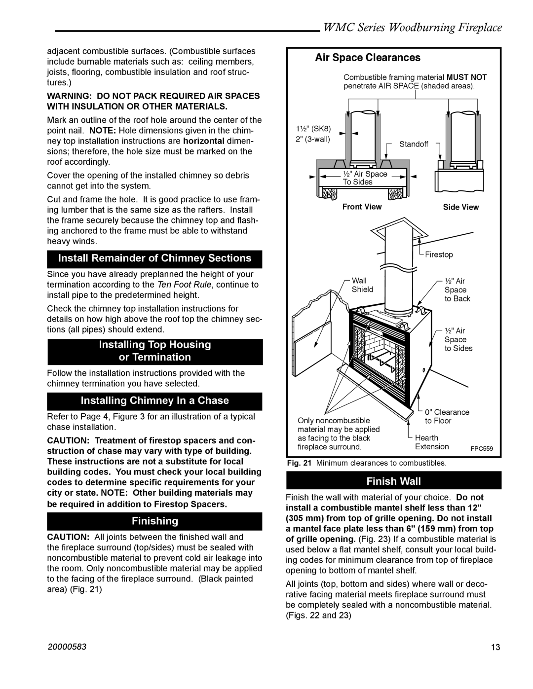 CFM Corporation WMC36 WMC42 manual Install Remainder of Chimney Sections, Installing Top Housing Or Termination, Finishing 