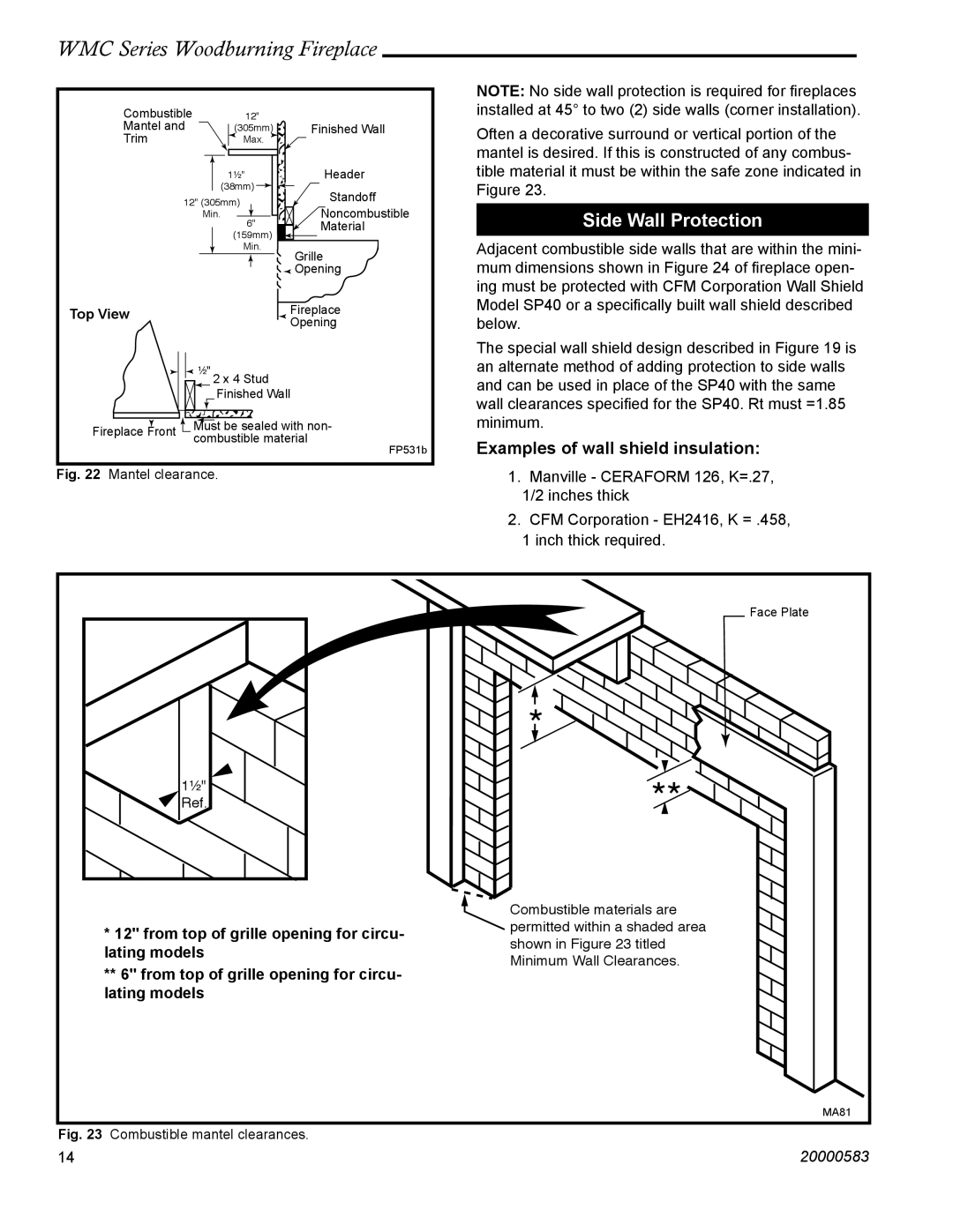 CFM Corporation WMC36 WMC42 manual Side Wall Protection, From top of grille opening for circu- lating models, Top View 