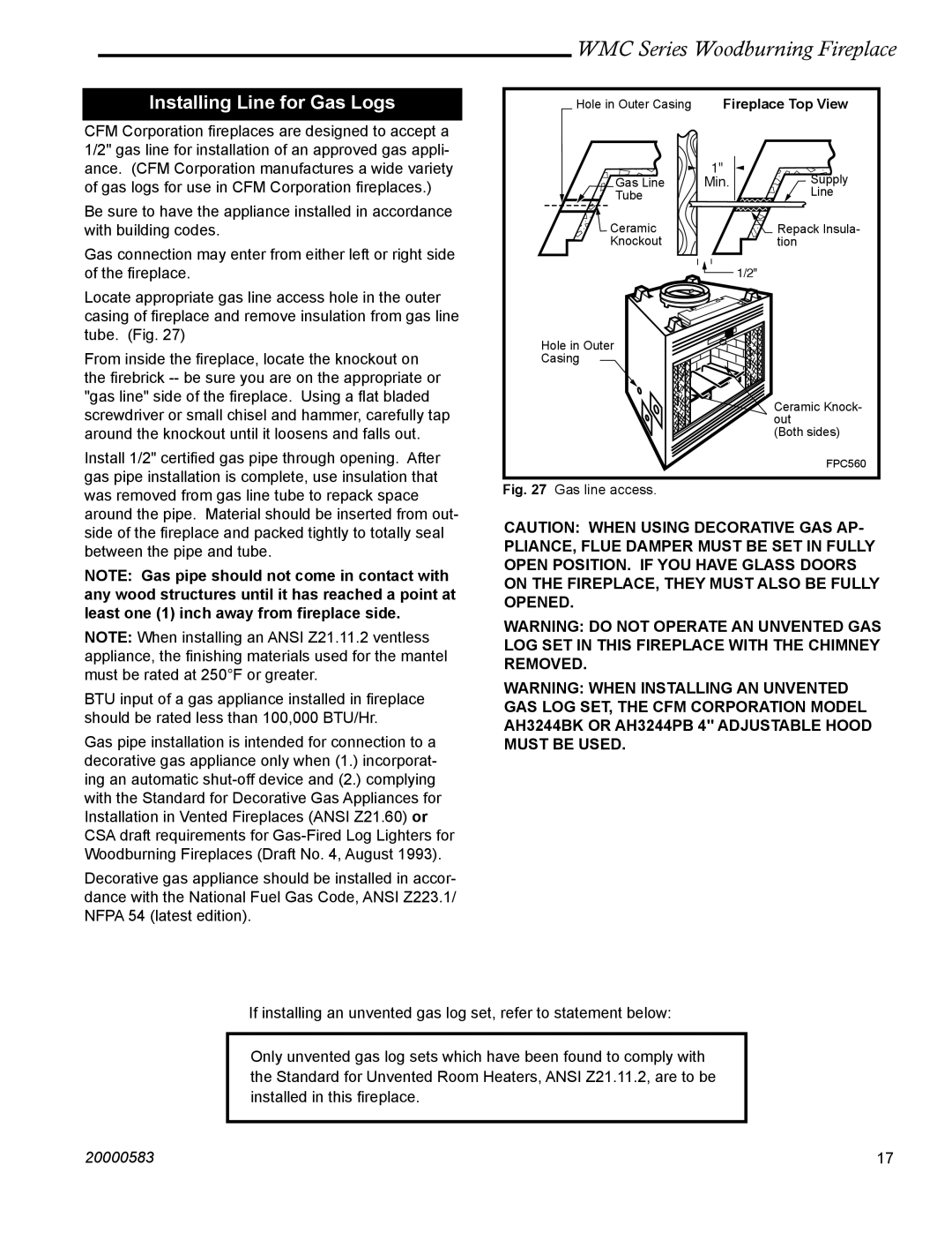 CFM Corporation WMC36 WMC42 manual Installing Line for Gas Logs, Fireplace Top View 