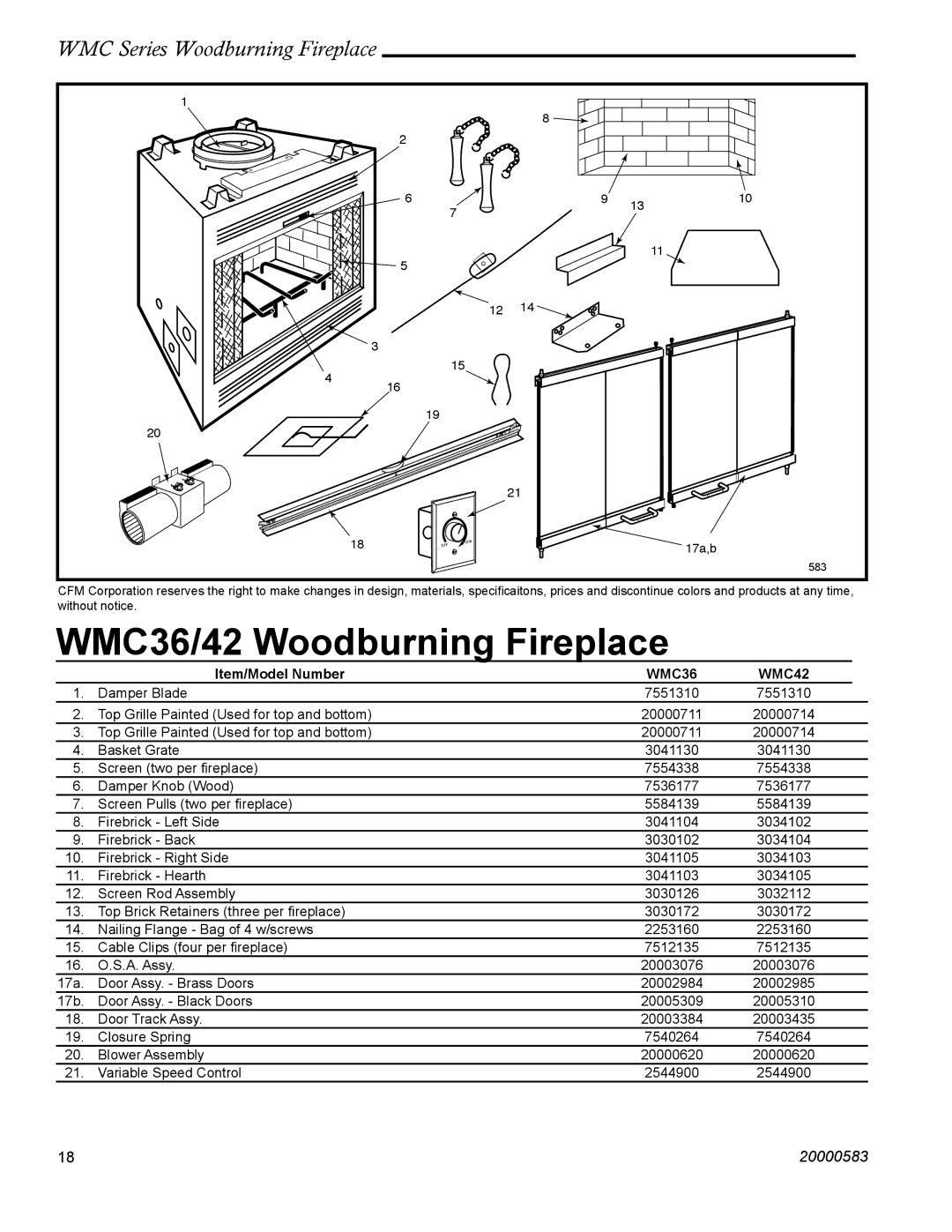 CFM Corporation WMC36 WMC42 manual WMC36/42 Woodburning Fireplace, Item/Model Number 