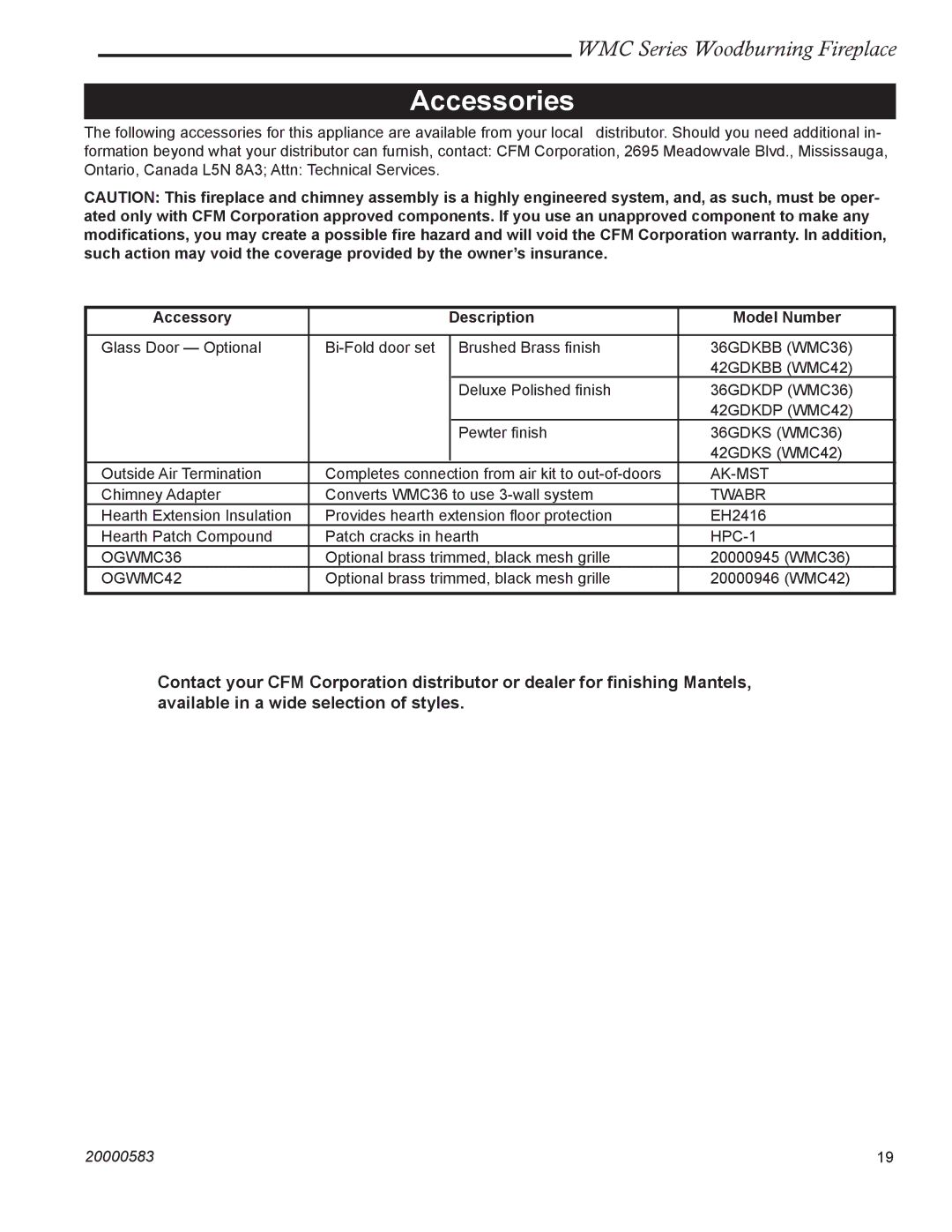 CFM Corporation WMC36 WMC42 manual Accessories, Accessory Description Model Number 
