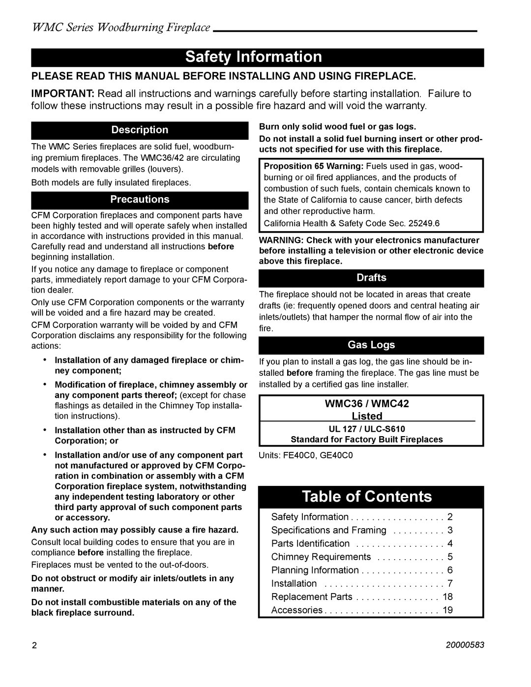 CFM Corporation WMC36 WMC42 manual Safety Information, Table of Contents 