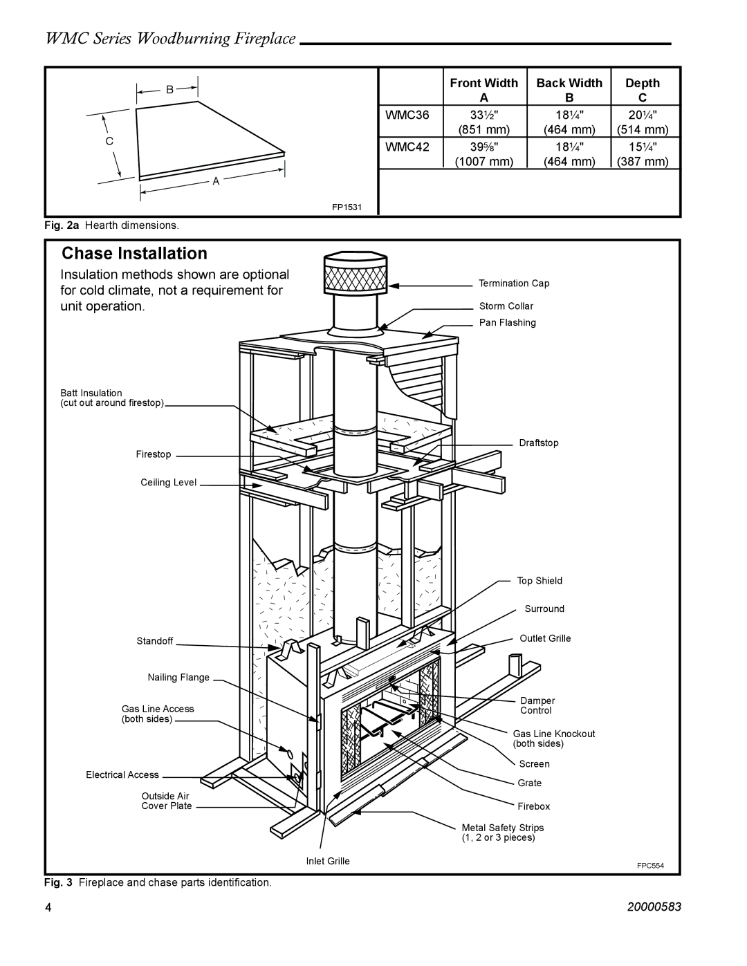 CFM Corporation WMC36 WMC42 manual Chase Installation, Front Width Back Width Depth 