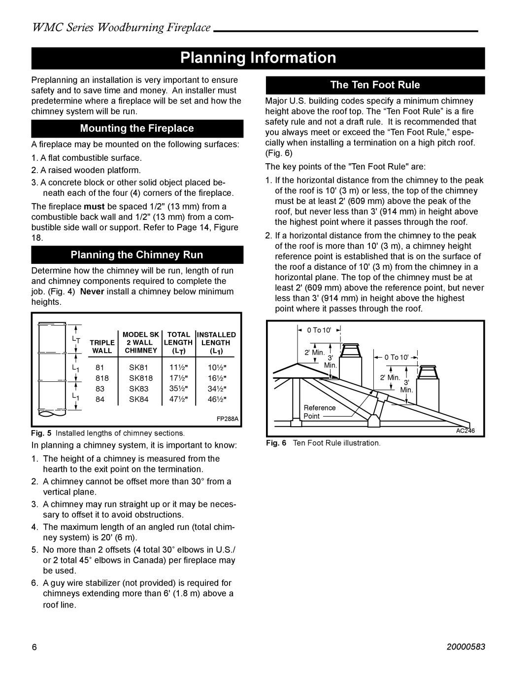 CFM Corporation WMC36 WMC42 manual Planning Information, Mounting the Fireplace, Planning the Chimney Run, Ten Foot Rule 