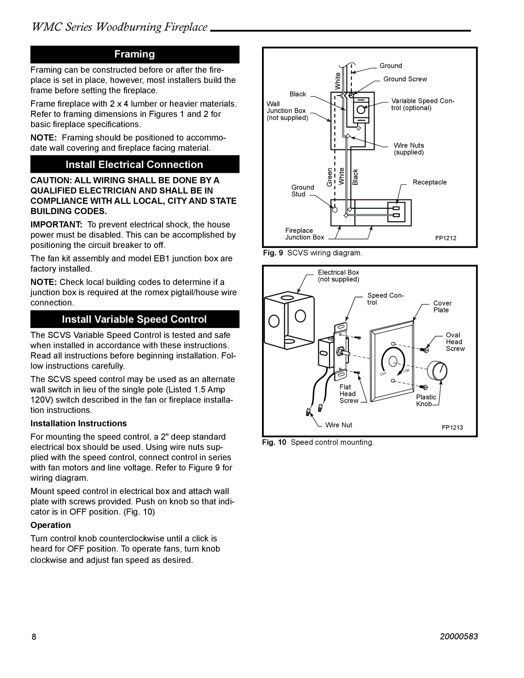 CFM Corporation WMC36 WMC42 manual Framing, Install Electrical Connection, Install Variable Speed Control, Operation 