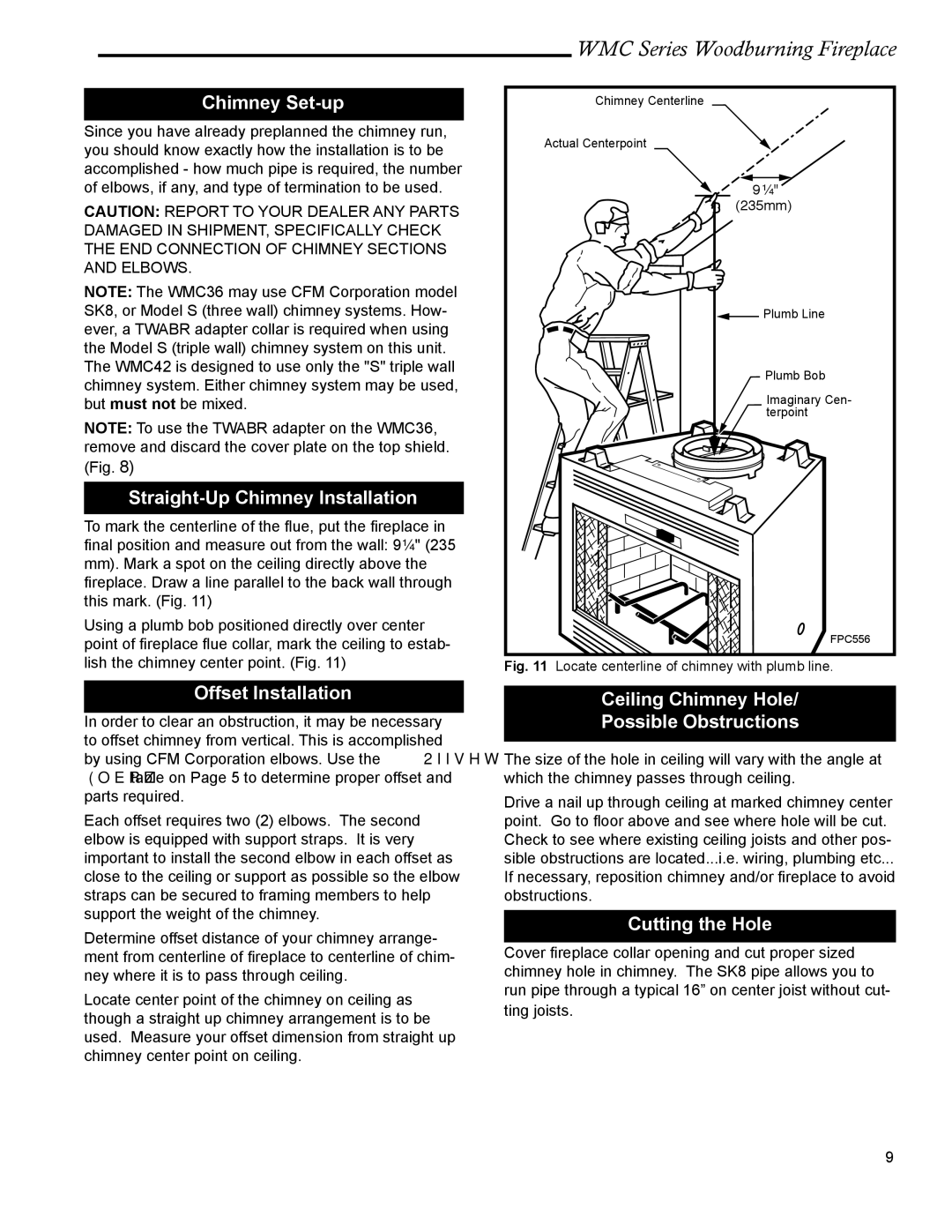 CFM Corporation WMC36 WMC42 manual Chimney Set-up, Straight-Up Chimney Installation, Offset Installation, Cutting the Hole 