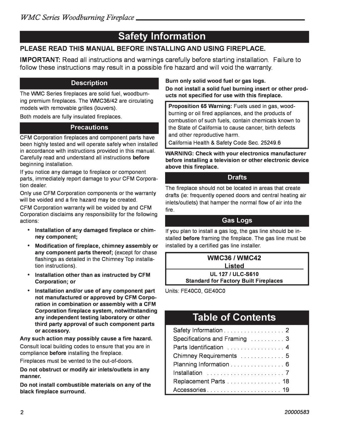 CFM Corporation WMC36 WMC42 Safety Information, Table of Contents, WMC Series Woodburning Fireplace, Description, Drafts 