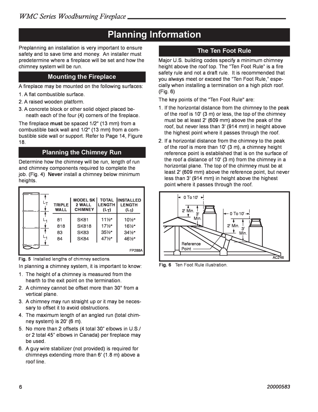CFM Corporation WMC36 WMC42 manual Planning Information, WMC Series Woodburning Fireplace, Mounting the Fireplace, 20000583 