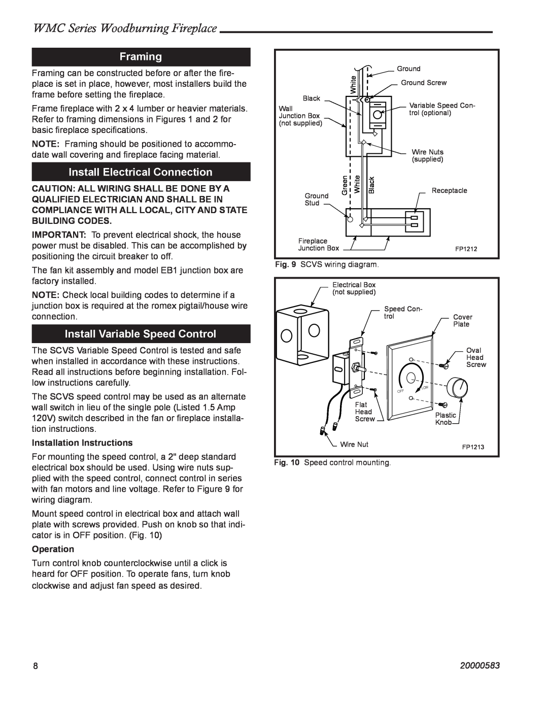 CFM Corporation WMC36 WMC42 manual WMC Series Woodburning Fireplace, Framing, Install Electrical Connection, 20000583 
