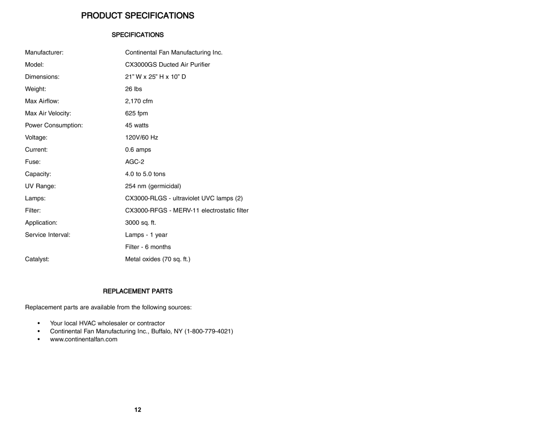 CFM CX3000GS warranty Product Specifications, AGC-2 