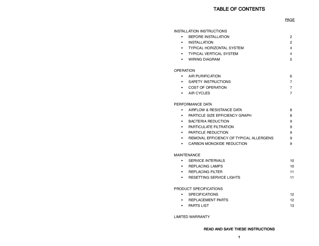 CFM CX3000GS warranty Table of Contents 