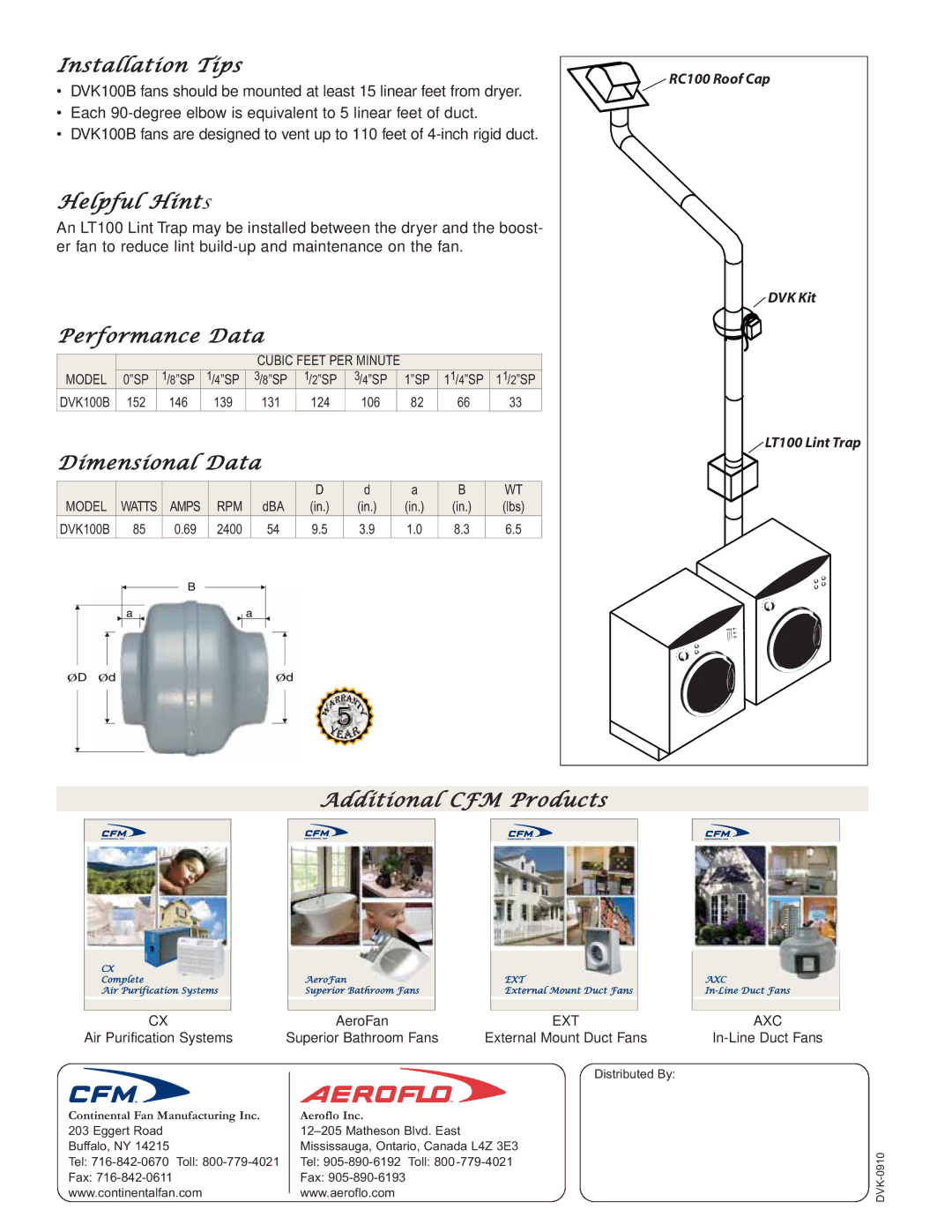 CFM DVK100B-T, DVK100B-C Installation Tips, Helpful Hints, Performance Data, Dimensional Data, Additional CFM Products 