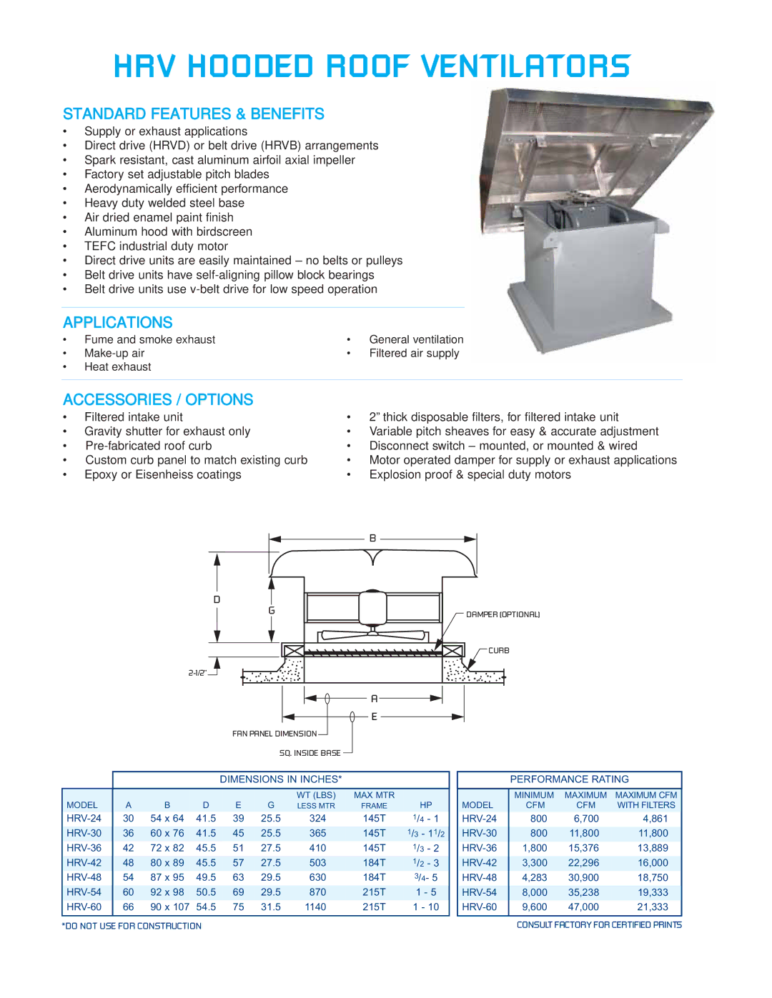 CFM HRV-0904, HRV-48, HRV-60, HRV-42, HRV-24, HRV-54, HRV-36 Standard Features & Benefits, Applications, Accessories / Options 