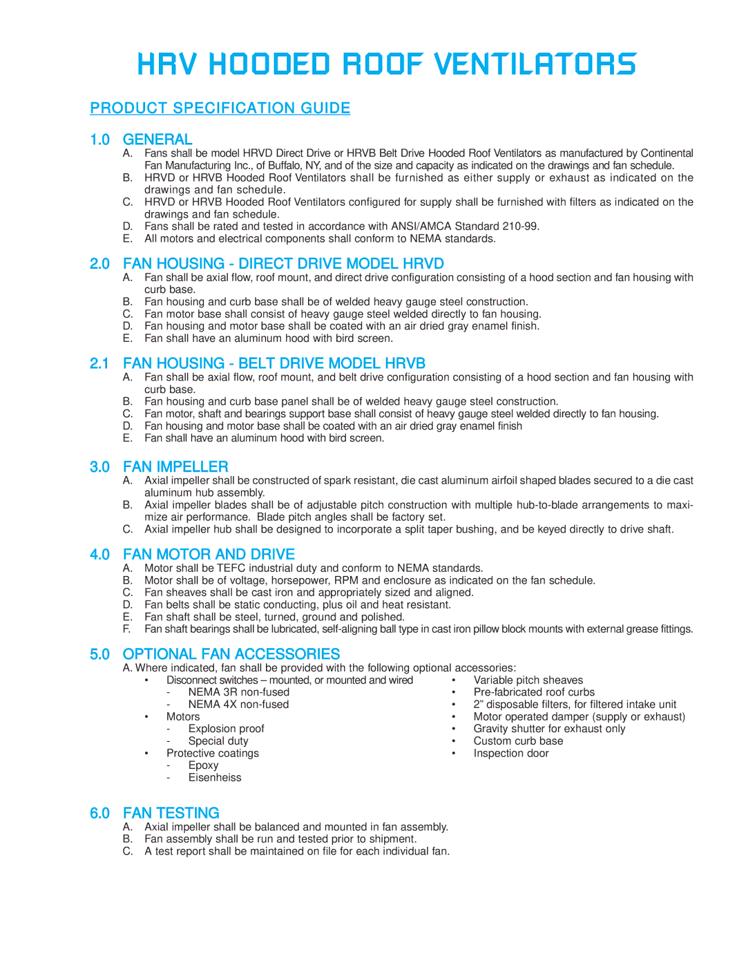 CFM HRV-42 Product Specification Guide General, FAN Housing Direct Drive Model Hrvd, FAN Housing Belt Drive Model Hrvb 