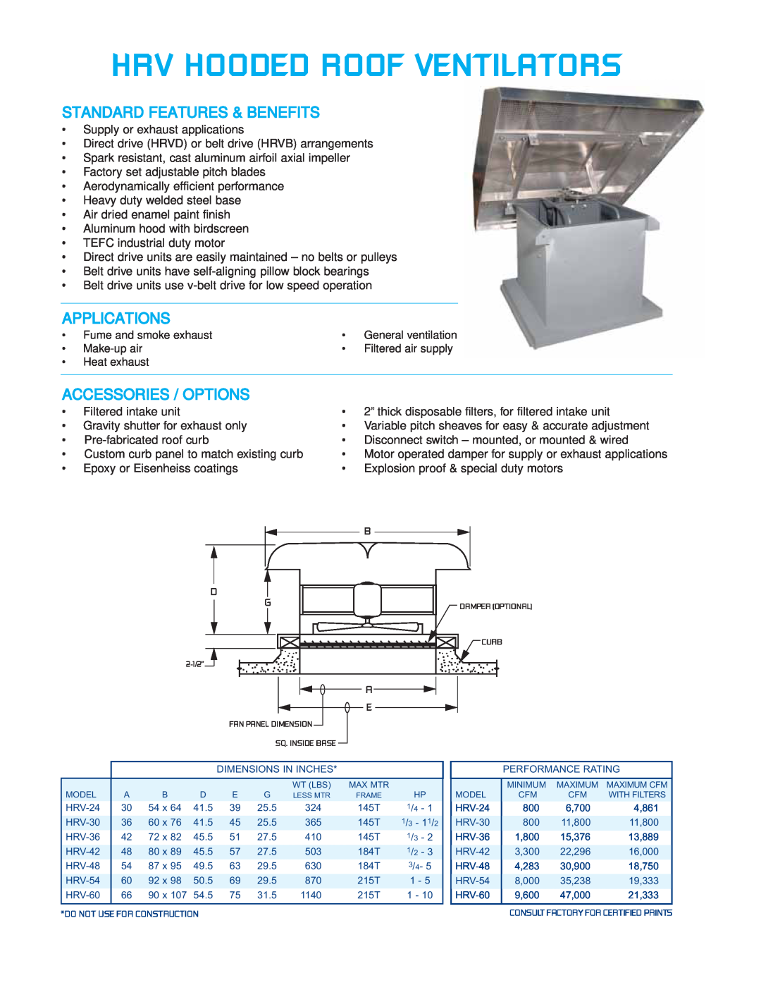 CFM HRV-0904, HRV-48, HRV-60 Standard Features & Benefits, Applications, Accessories / Options, Hrv Hooded Roof Ventilators 