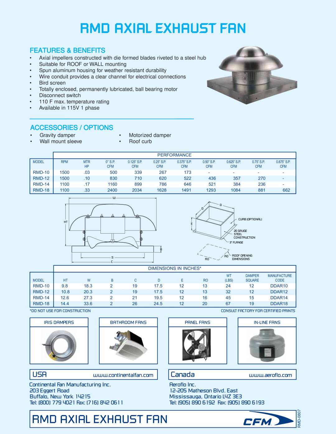 CFM RMD-14 Rmd Axial Exhaust Fan, Features & Benefits, Accessories / Options, Tel 800 779 4021 Fax, Tel 905 890 6192 Fax 