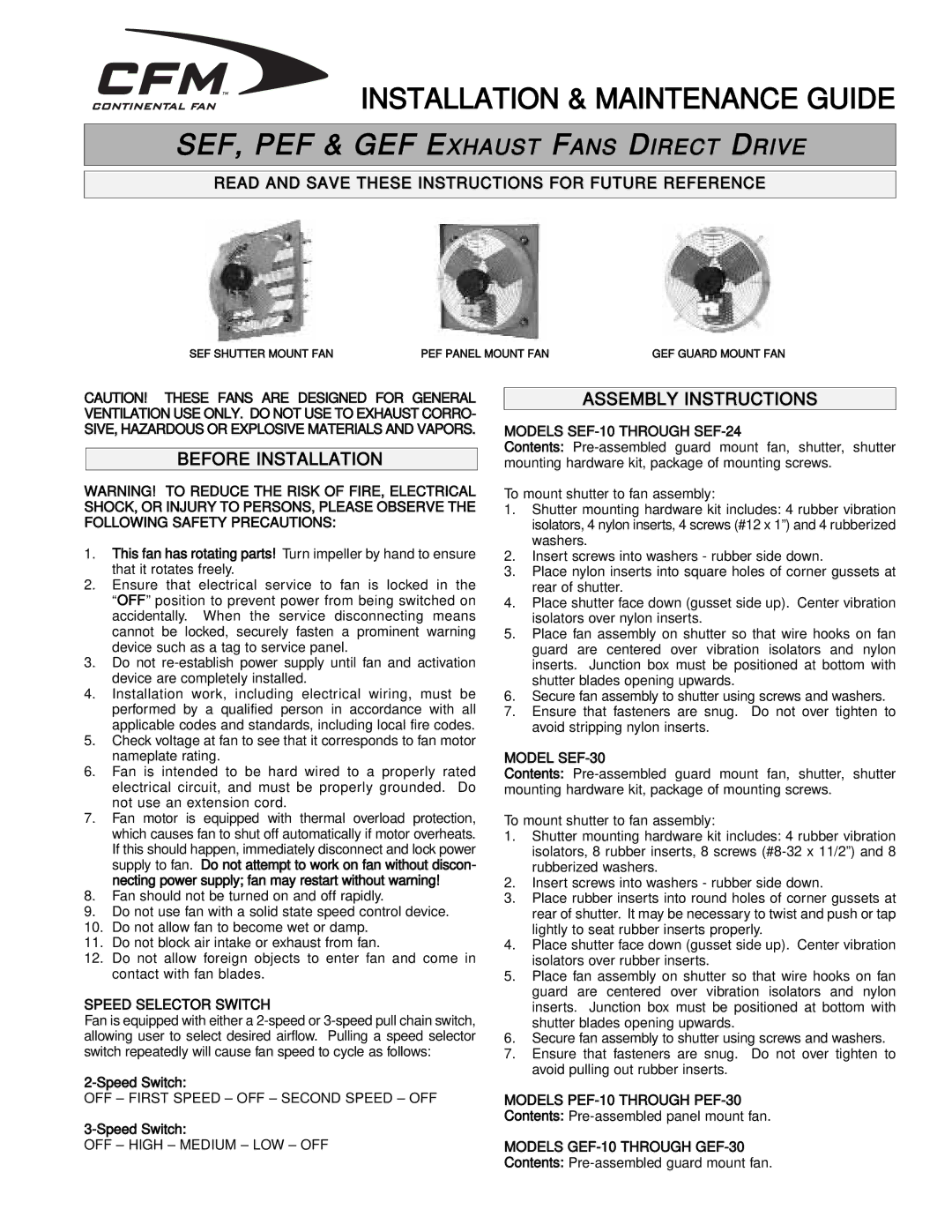 CFM M-0710, SEF30, SEF24, PEF10, SEF10, PEF30, GEF10, GEF30 manual Before Installation, Assembly Instructions 