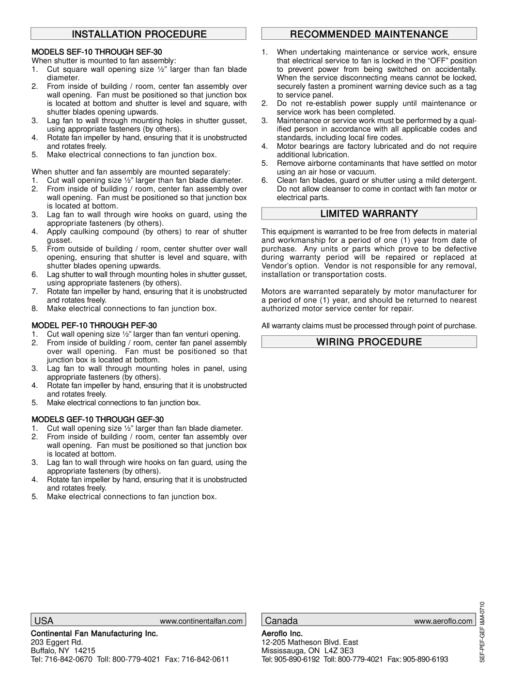CFM SEF24, SEF30, M-0710, PEF10 manual Installation Procedure, Recommended Maintenance, Limited Warranty, Wiring Procedure USA 