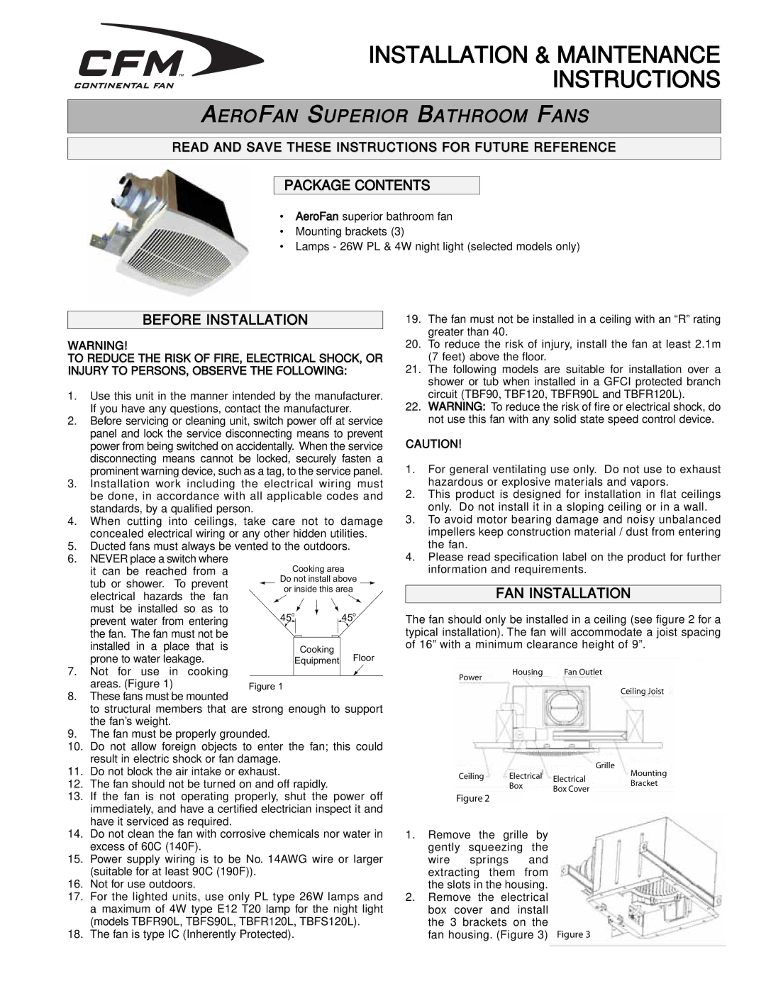 CFM TBFR90L, TBFS120L, TBF90, TBF120, TBFS90L, TBFR120L manual Package Contents, Before Installation, FAN Installation 