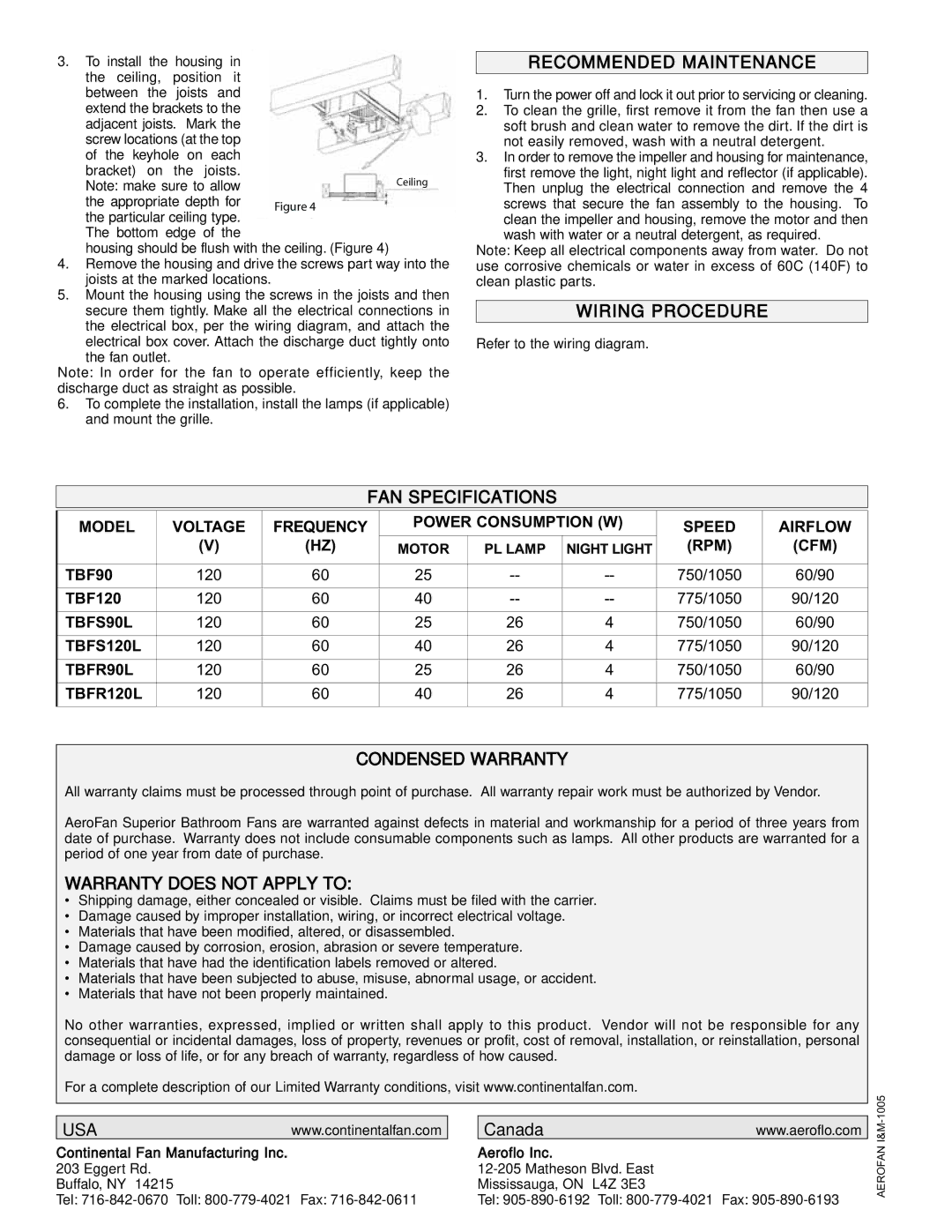 CFM TBF90 Recommended Maintenance, Wiring Procedure, FAN Specifications, Condensed Warranty, Warranty does not Apply to 