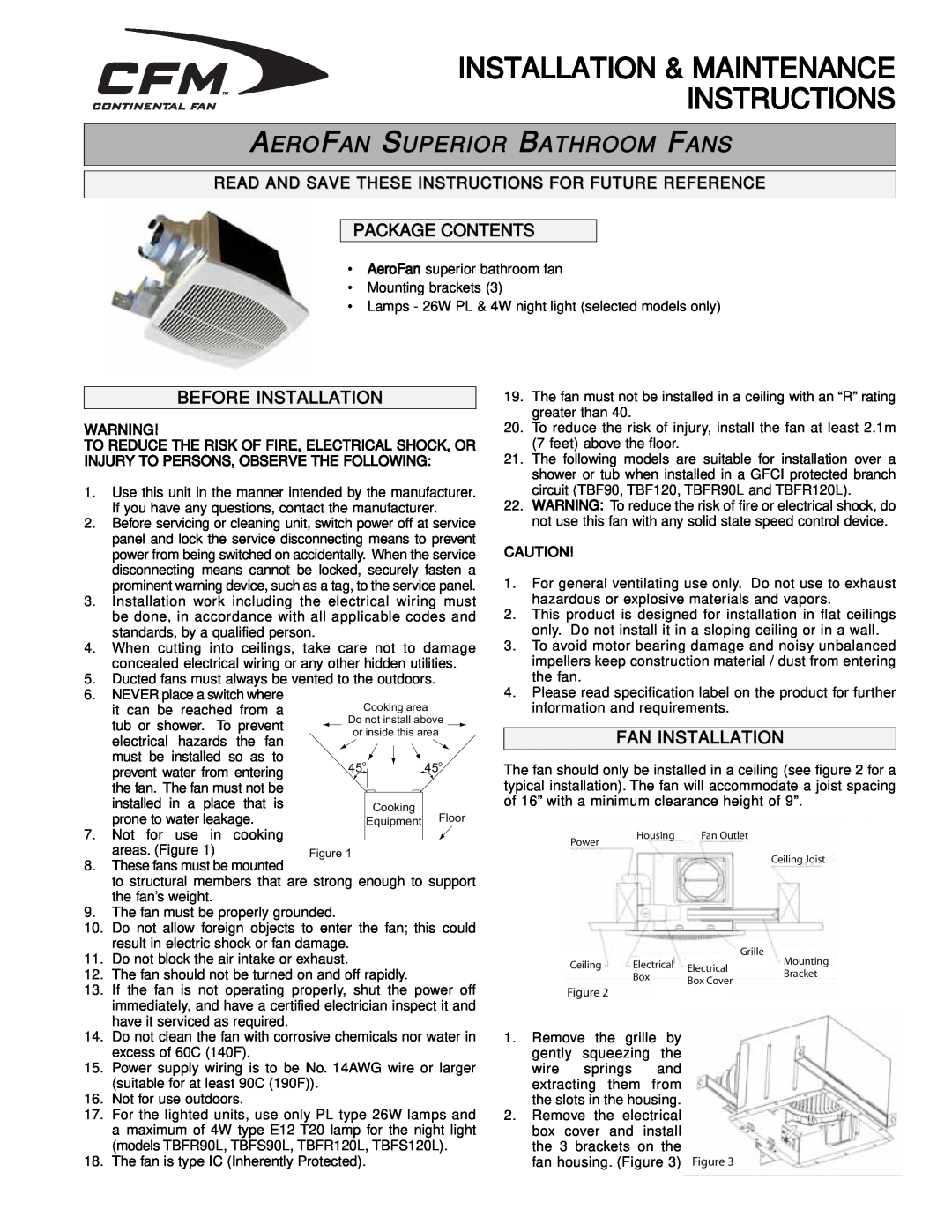 CFM TBFR90L, TBF90 manual Package Contents, Before Installation, Fan Installation, Installation & Maintenance Instructions 