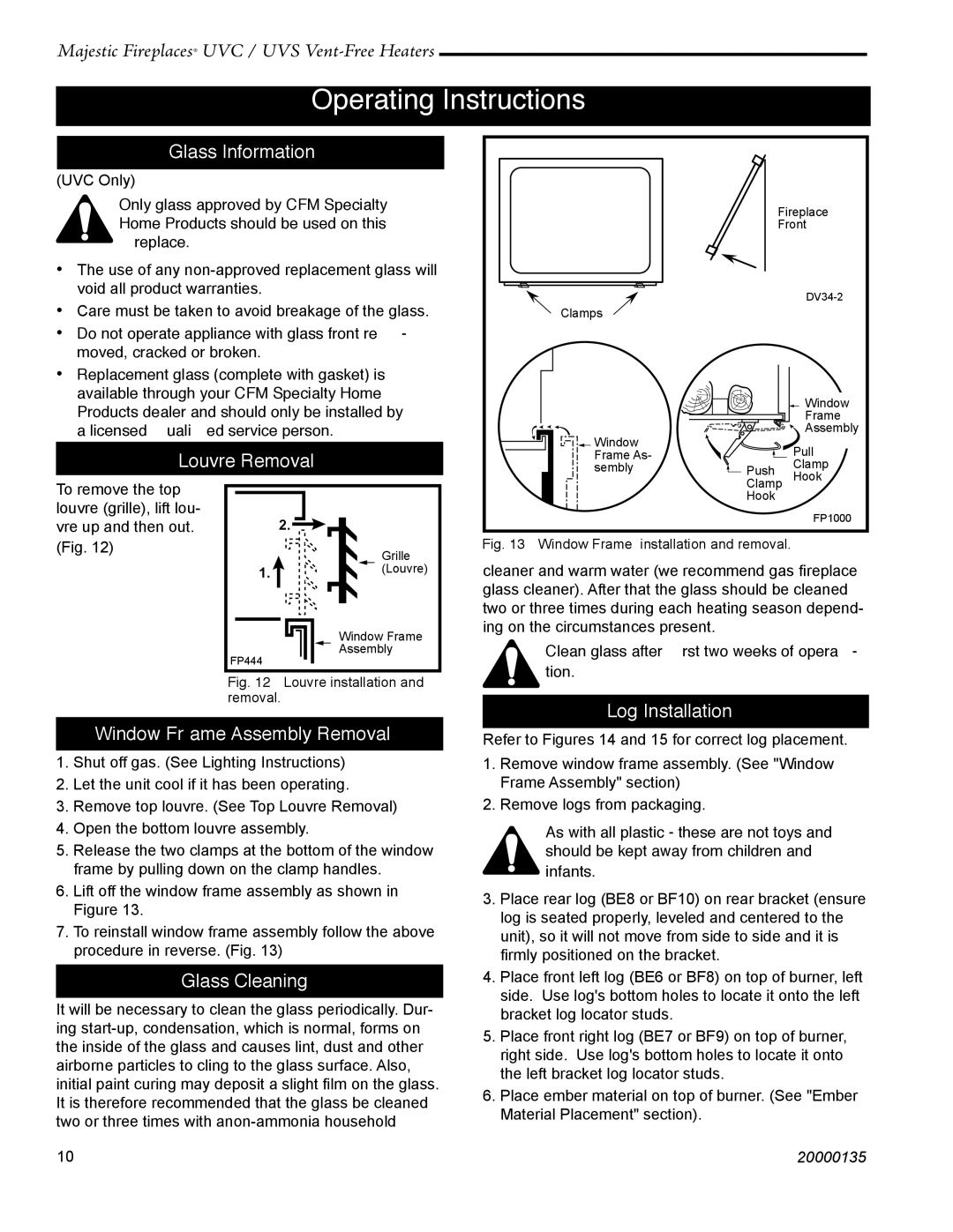 CFM UVS43, UVC36 Operating Instructions, Glass Information, Louvre Removal, Log Installation Window Frame Assembly Removal 