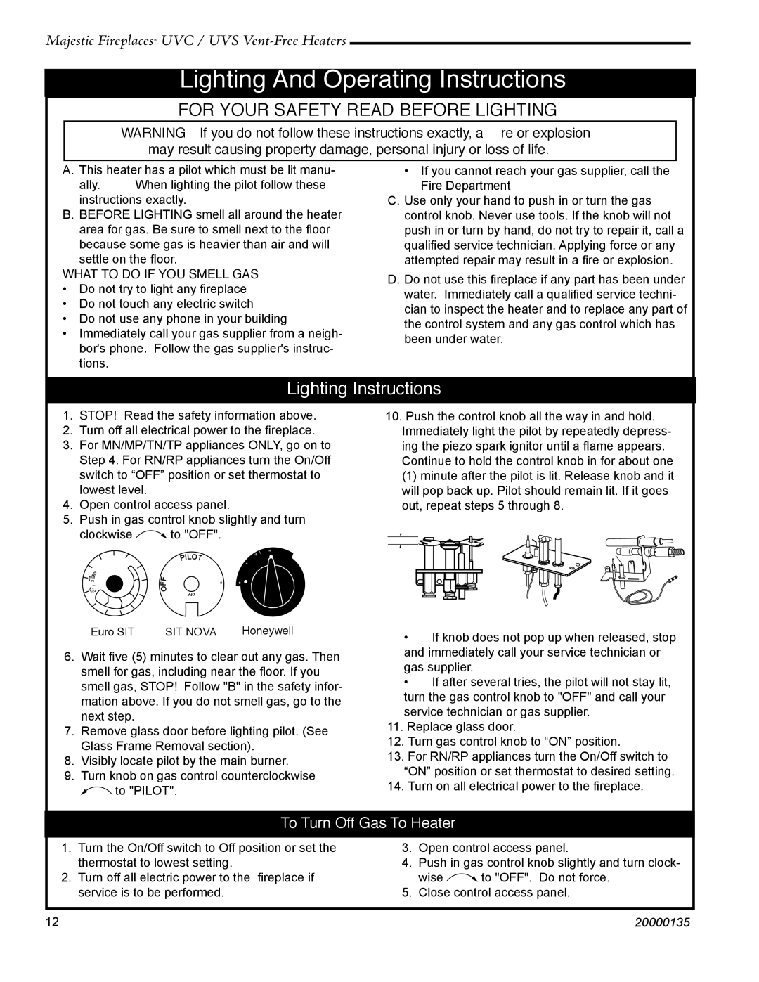 CFM UVC36, UVC43, UVS43, UVS36 warranty Lighting And Operating Instructions, To Turn Off Gas To Heater 