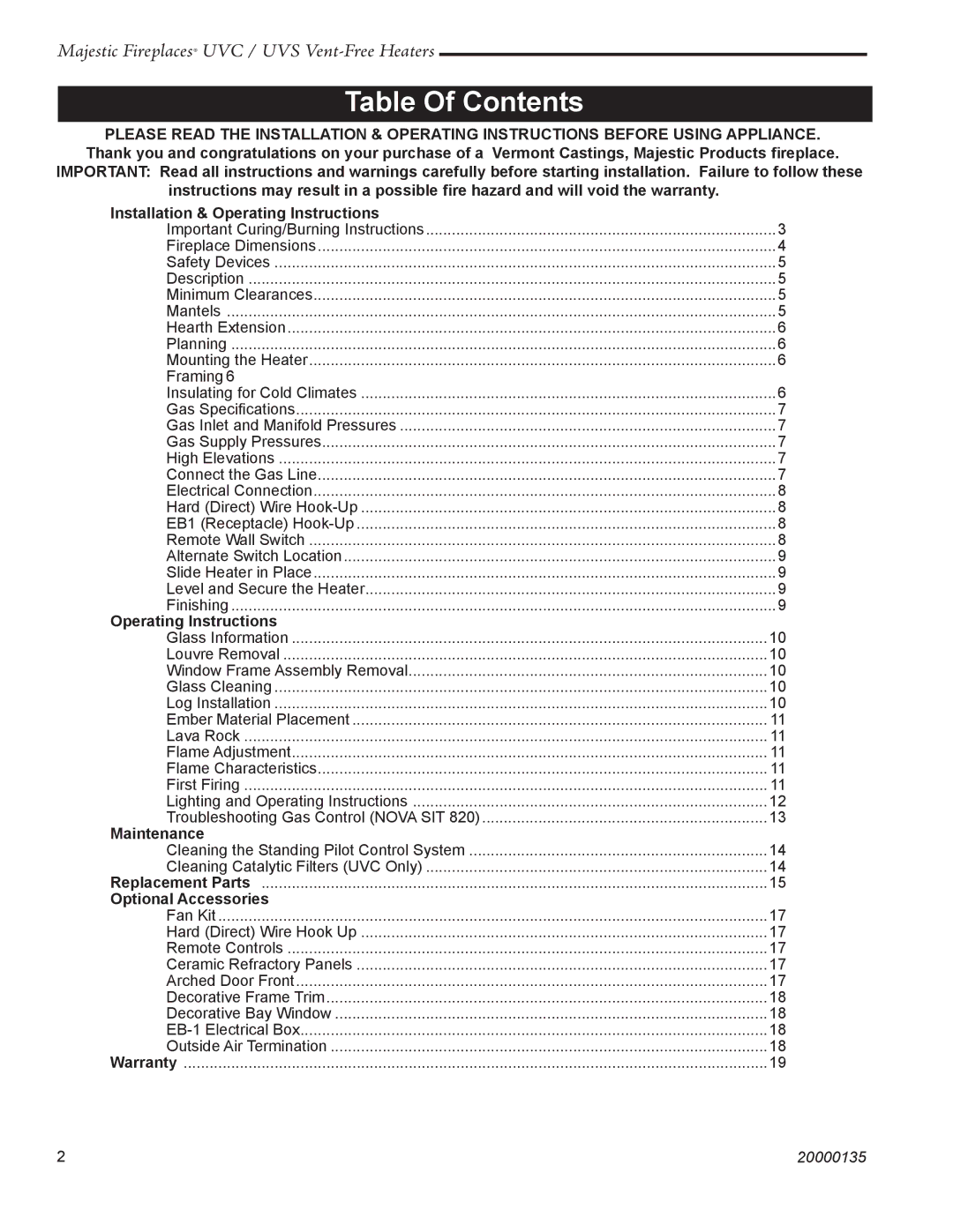 CFM UVS43, UVC36, UVC43, UVS36 warranty Table Of Contents 