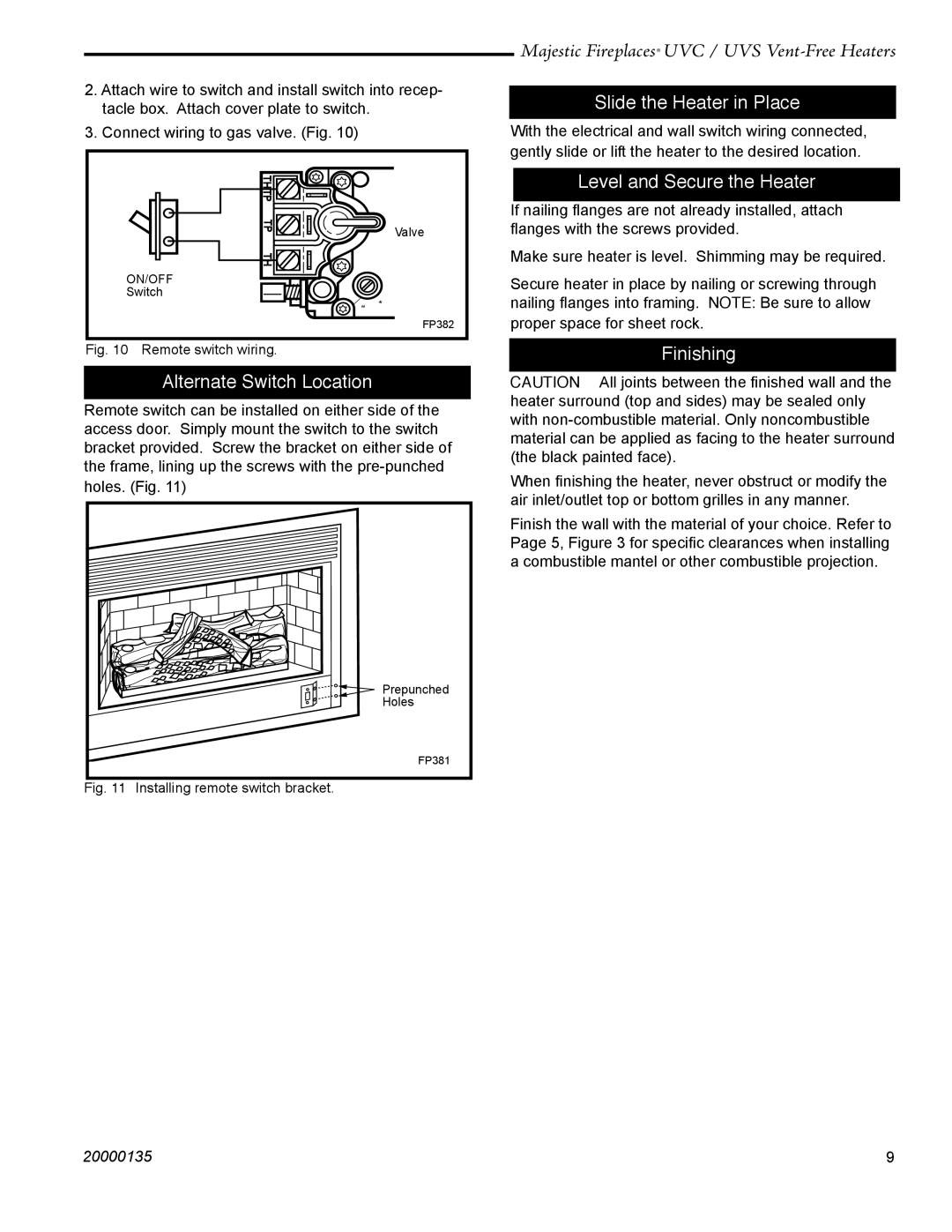 CFM UVC43, UVC36, UVS43, UVS36 Slide the Heater in Place, Level and Secure the Heater, Alternate Switch Location, Finishing 