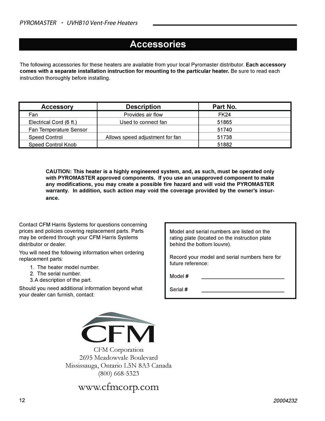 CFM UVHB10 warranty Accessories 