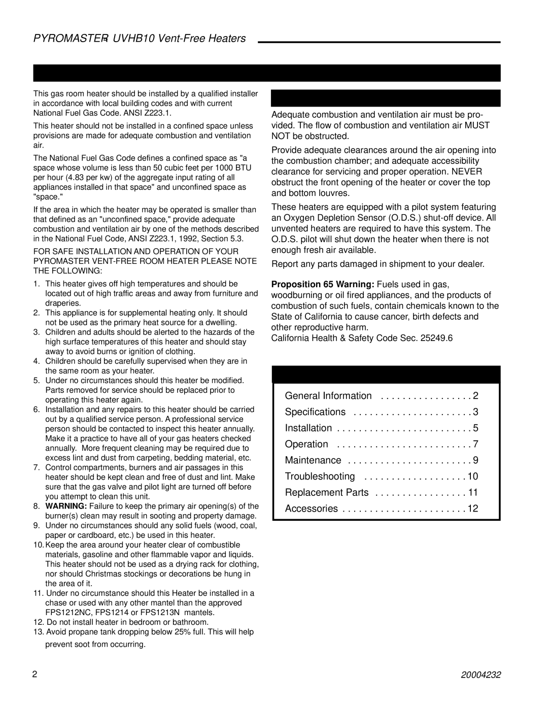 CFM UVHB10 warranty General Information, Table Of Contents 