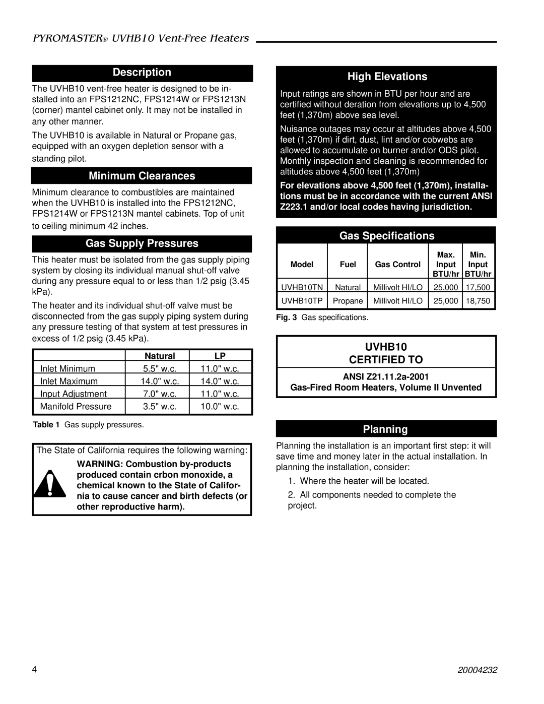 CFM UVHB10 warranty Description, Minimum Clearances, Gas Supply Pressures, High Elevations, Gas Specifications, Planning 