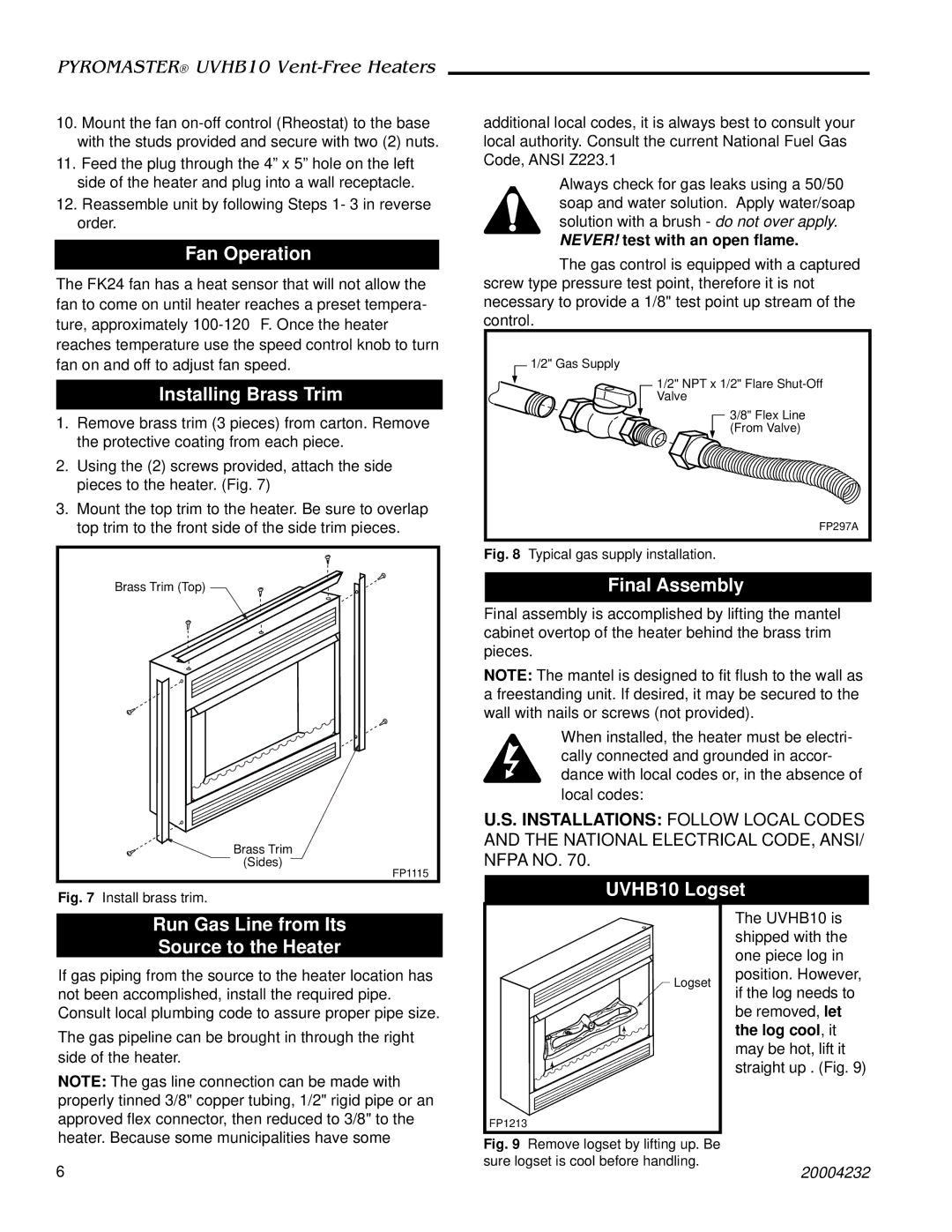 CFM Fan Operation, Installing Brass Trim, Final Assembly, UVHB10 Logset Run Gas Line from Its Source to the Heater 