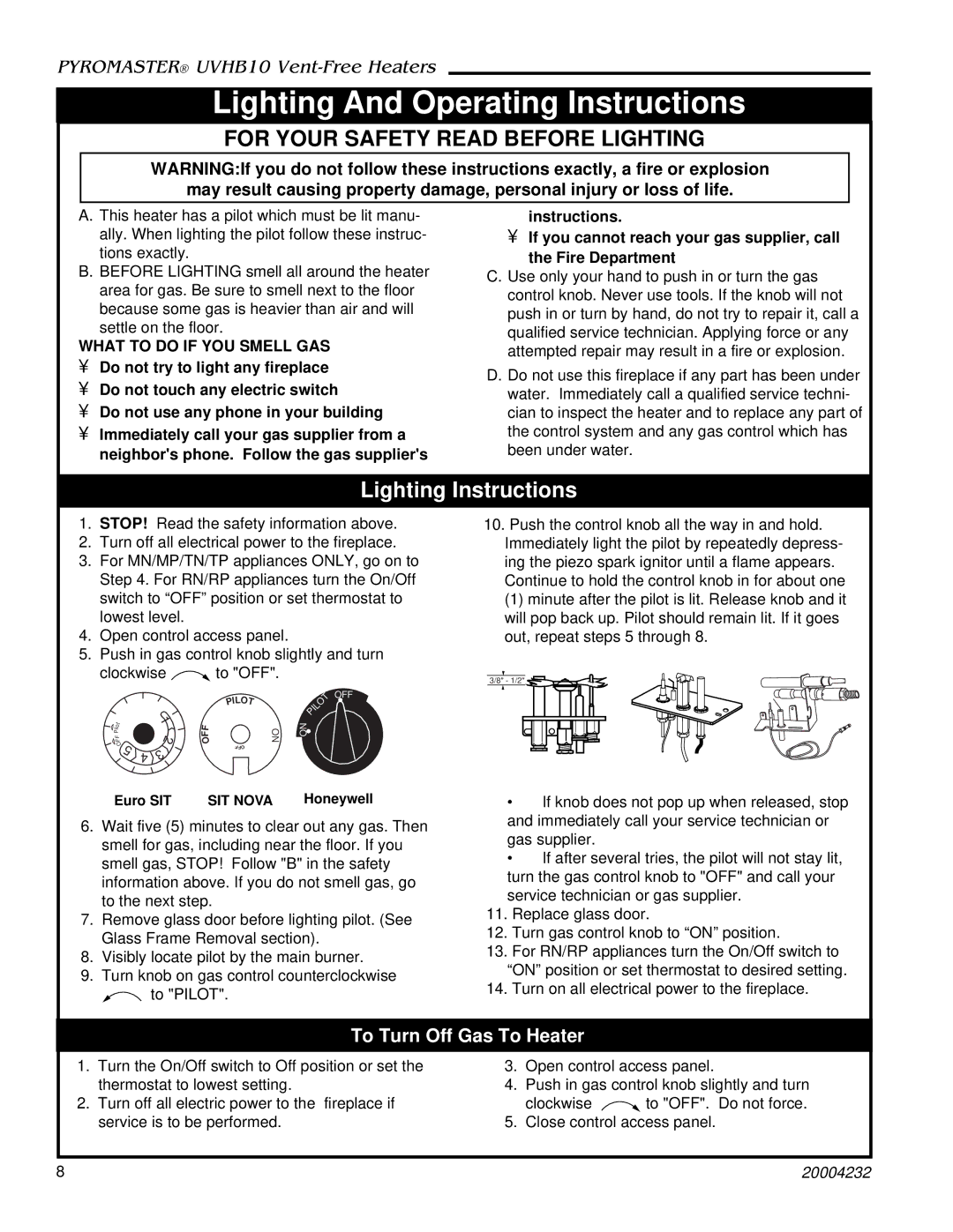 CFM UVHB10 warranty To Turn Off Gas To Heater, What to do if YOU Smell GAS 