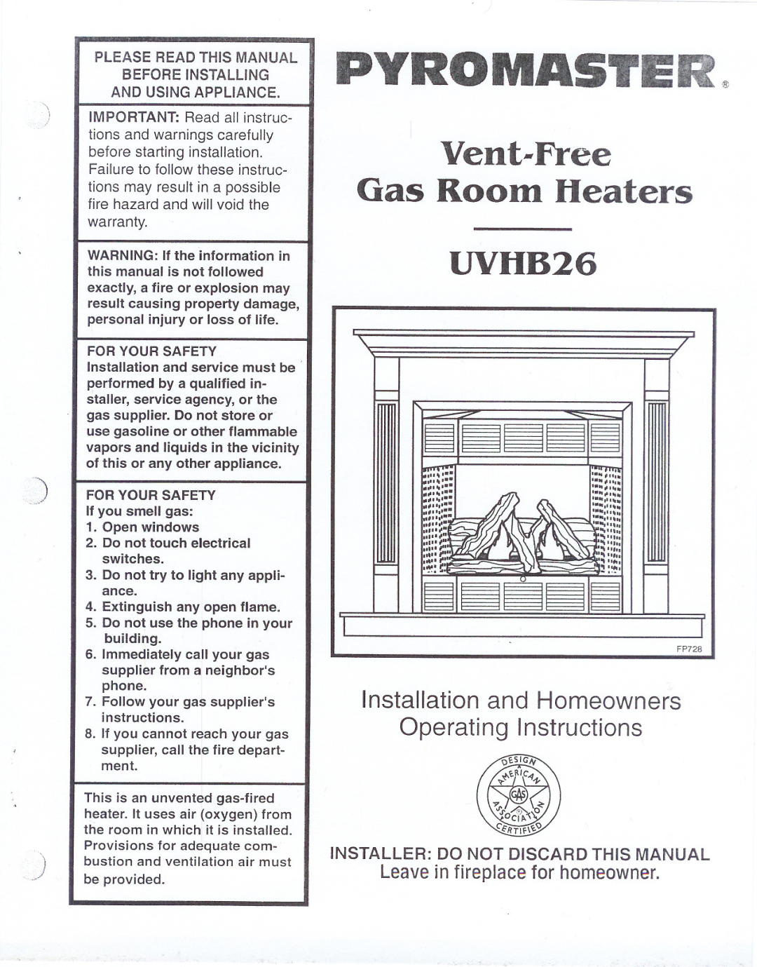 CFM UVHB26 warranty Please Read this Manual Before Installing Using Appliance, For Your Safety 