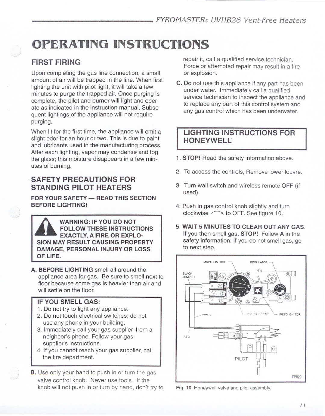 CFM UVHB26 warranty Operating Instructions, First Firing, Lighting Instructions for Honeywell 