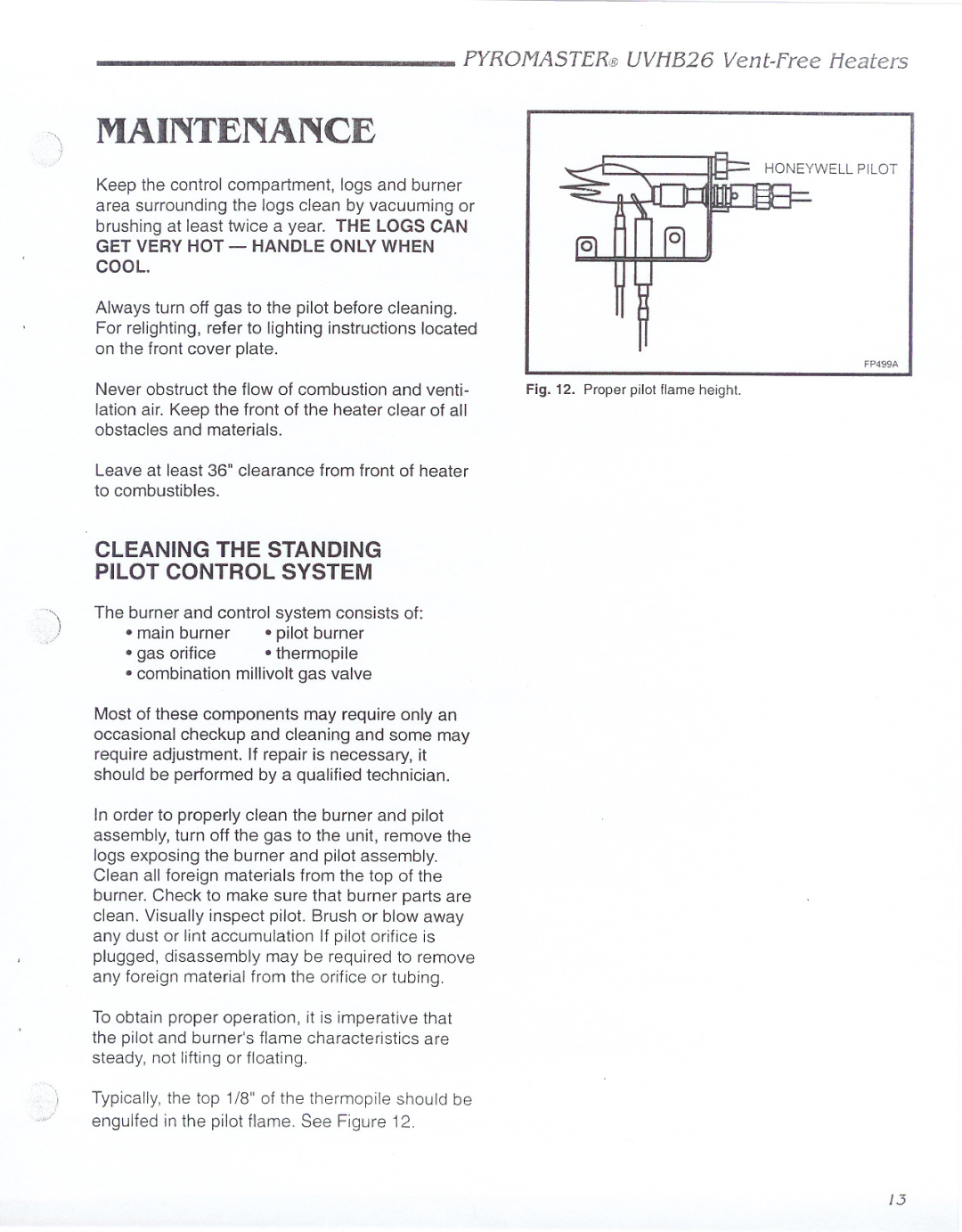 CFM UVHB26 warranty Maintenance, Cleaning the Standing Pilot Control System 