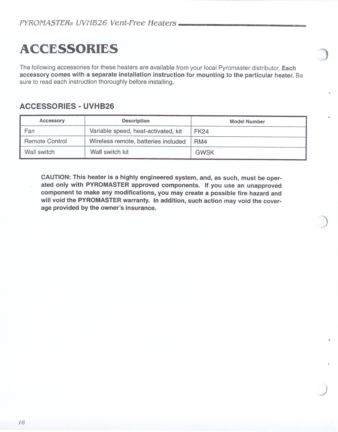 CFM UVHB26 warranty Accessories, RM4, Gwsk 